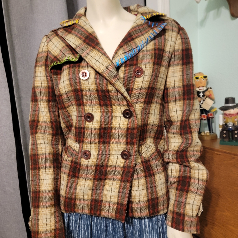 VTG 80s 90s Wool Plaid Double Breast Blazer Preppy Academia Wax Jeans Y2K SZ M